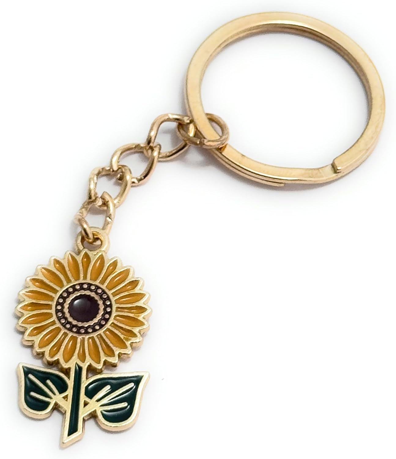 Sunflower with Leaves Keyring Key Ring with Enamel Charm and Gold Tone Keychain