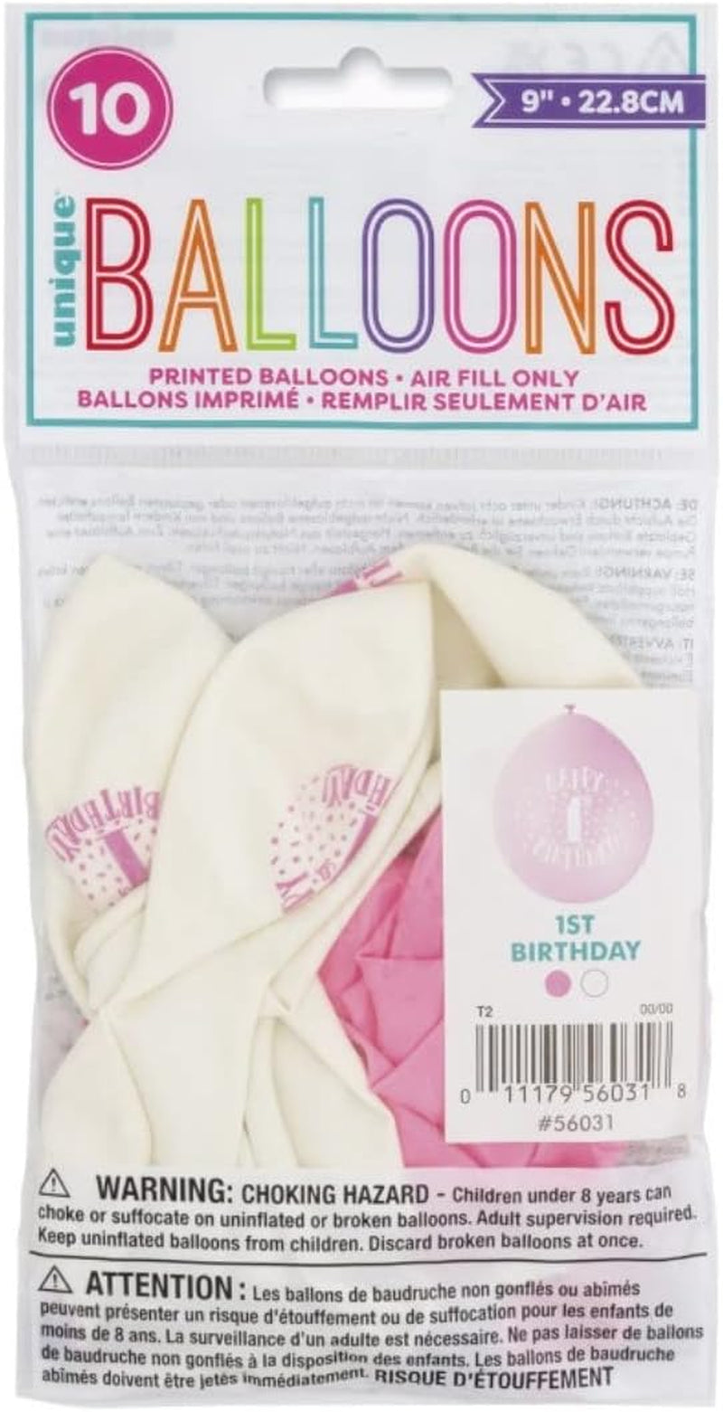 Happy 1St Birthday White & Pink Latex Balloons (22Cm) Pack of 10 - Festive & Fun Party Decorations