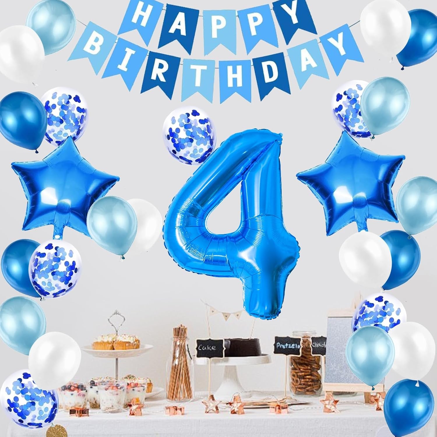 4Th Birthday Decorations for Boys, Number 4 Balloon, Blue Silver Party Decorations, Happy Birthday Bunting Banner, 32Inch Foil Number 4 Balloons Set