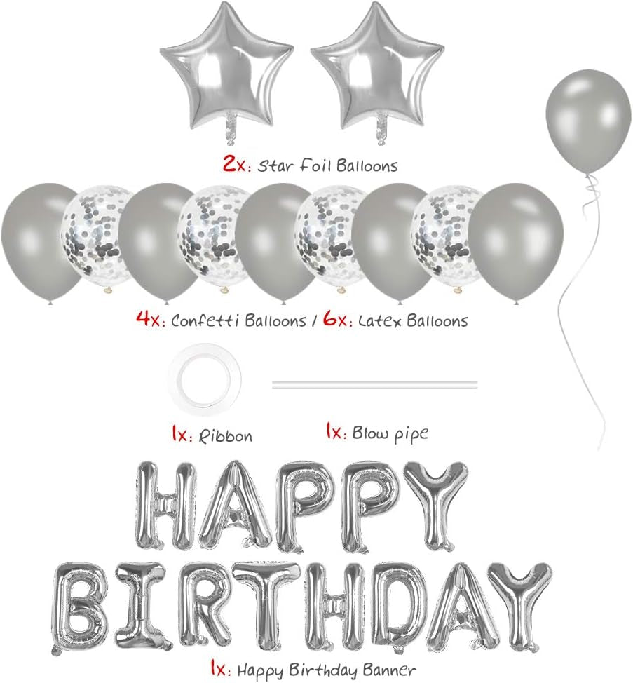 Happy Birthday Balloons, 16 Inch Happy Birthday Banner Party Decorations, Self Inflating Letter Silver Balloons for Adults Kids Party Decor