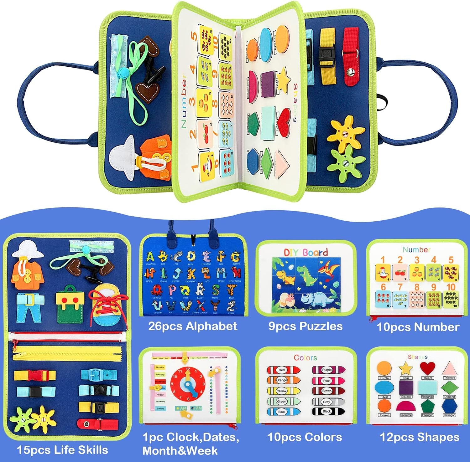 Busy Board, Toddler Busy Book for 1 2 3 4 Year-Old Boys Girls Birthday Gifts - 8 in 1 Preschool Educational Learning Toys with Alphabet Count Motor Skill, Toddler Travel Toys