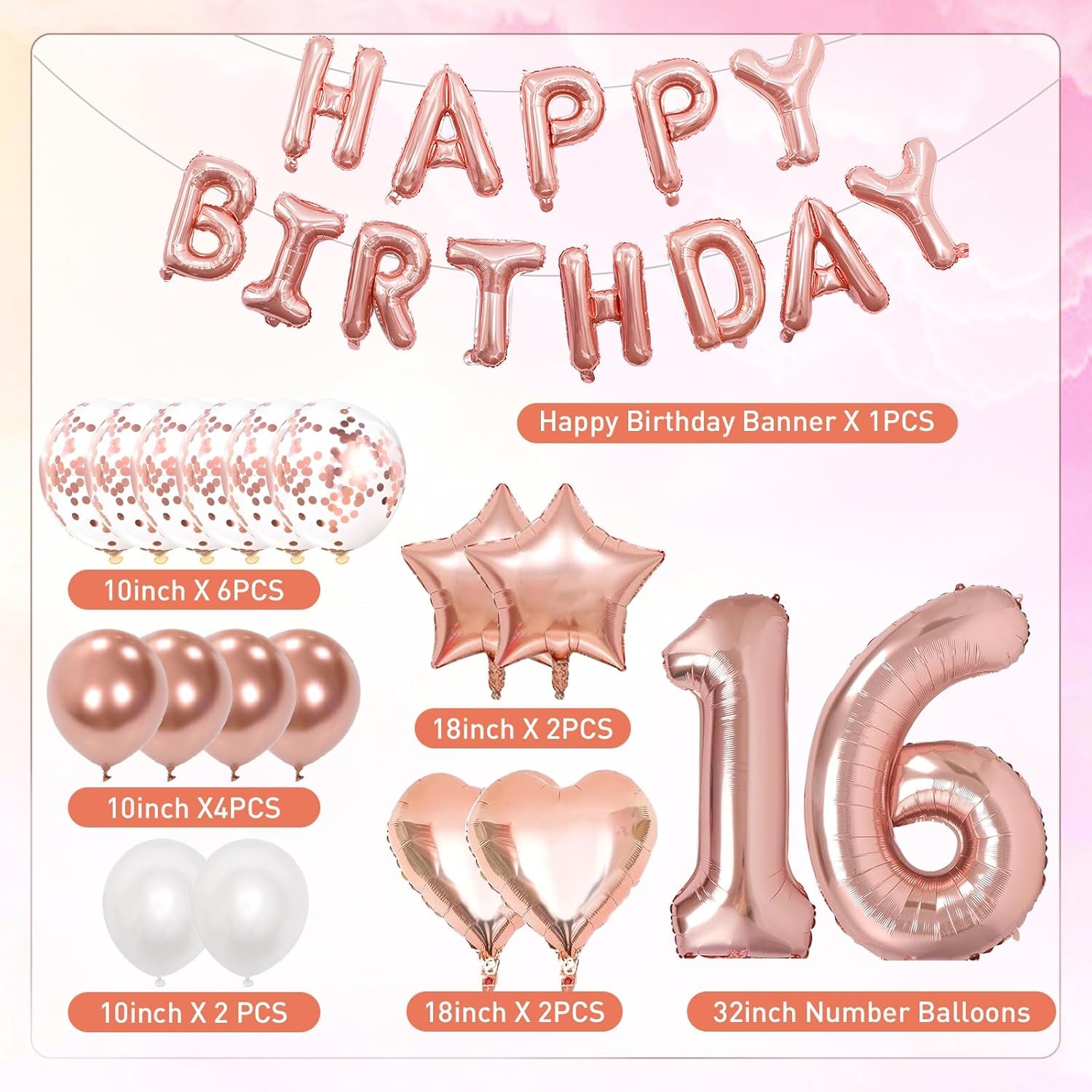 16Th Birthday Decorations for Girls, Rose Gold 16Th Birthday Decorations, Rose Gold 32 Inch Number 16 Foil Balloon with Banner, Star Confetti Balloon for 16 Party Deko