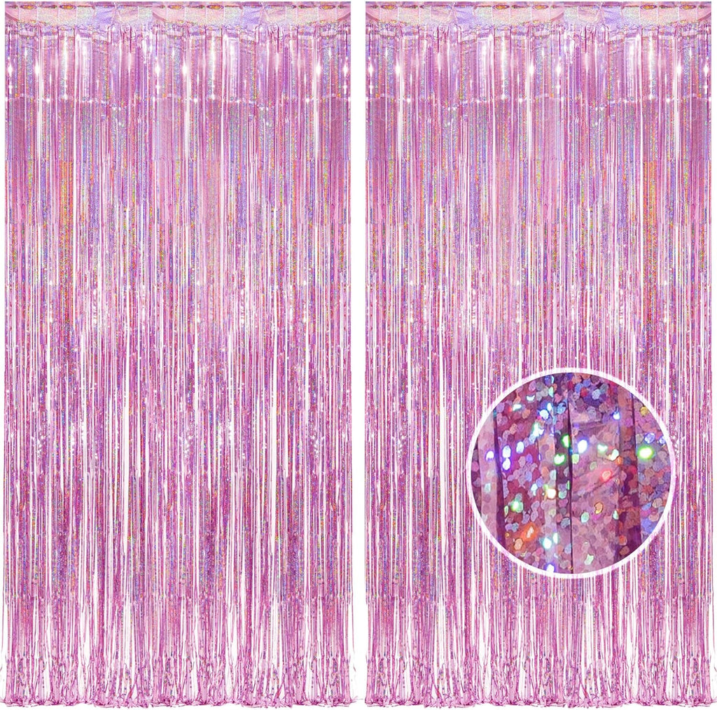 Pink Foil Fringe Curtain Backdrop, Sparkle Tinsel Metallic Curtains for Girls Birthday Party Wedding Photo Backdrop Christmas Hen Disco Party Decorations (2Pack, 1X2.5M)