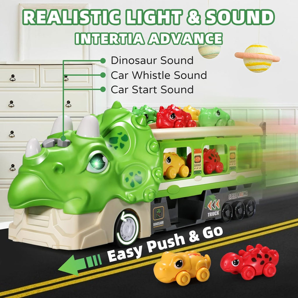 Green Dinosaur Toy Car-Foldable 117Cm Track with Launcher, Lights&Sounds, Safe ABS Plastic, Dual-Layer Storage,Includes 6 Mini Cars&12 Road Signs-Ideal Racing Playset for Kids Ages 3+