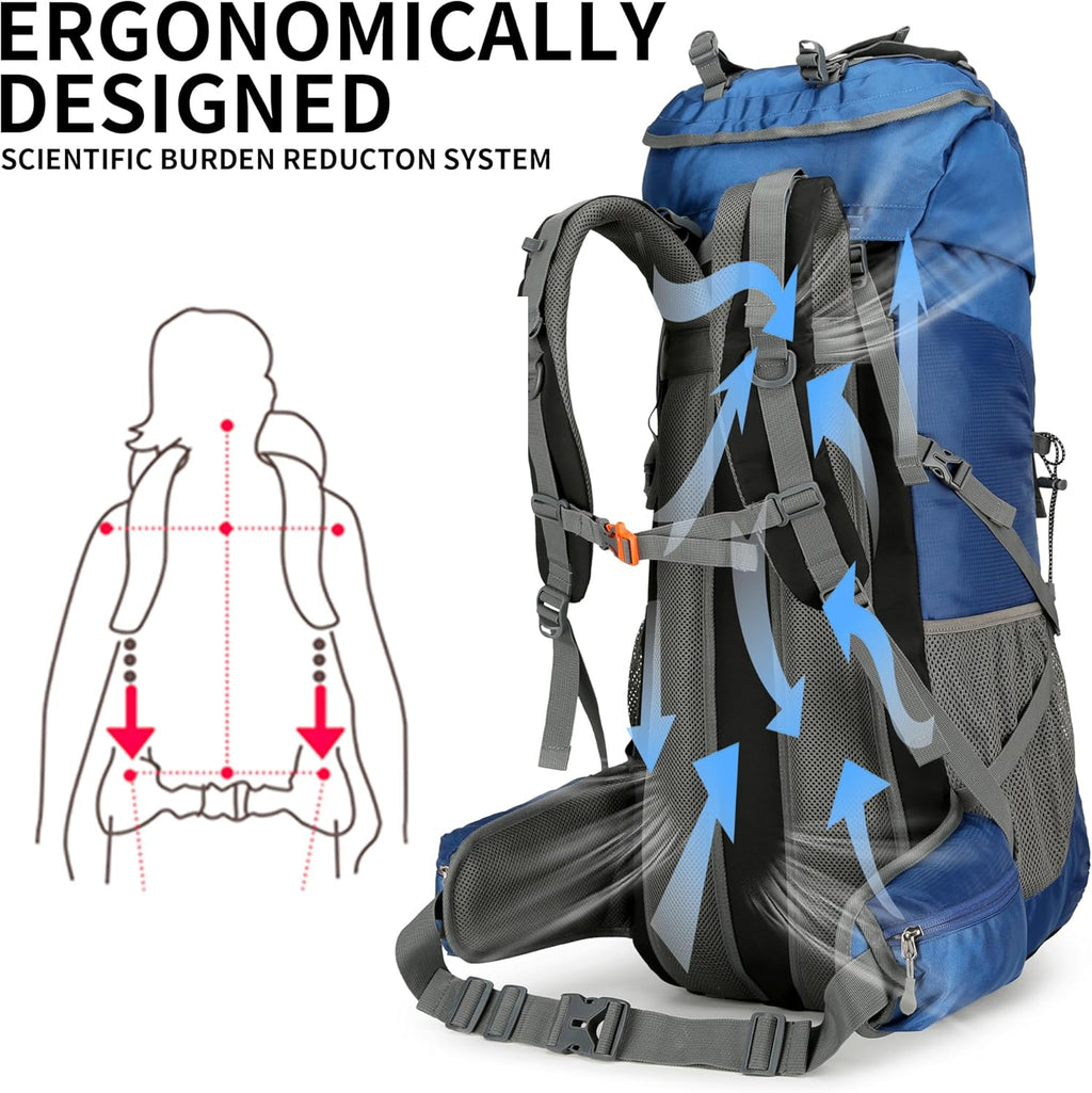 Hiking Backpack for Men and Women 70L+5L Waterproof Lightweight Camping Daypack with Rain Cover for Outdoor Travel Mountaineering - Frameless (Navy)