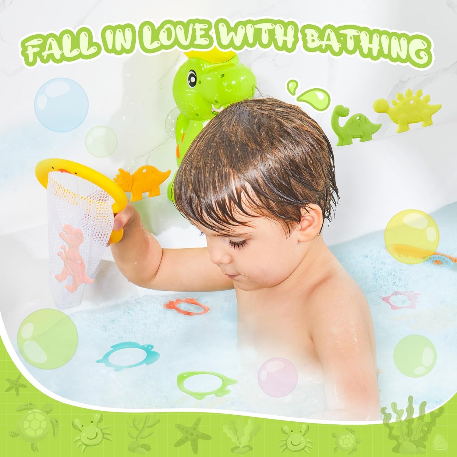 EKUEASYKU Dinosaur Bath Toys for Kids Ages 1-3 2-4 4-8 Toddler Bath Toys Whirling Waterfall Water Toys Fishing Games Bathtub Bath Time Tub Toys Girls Boys Color Movement Learning