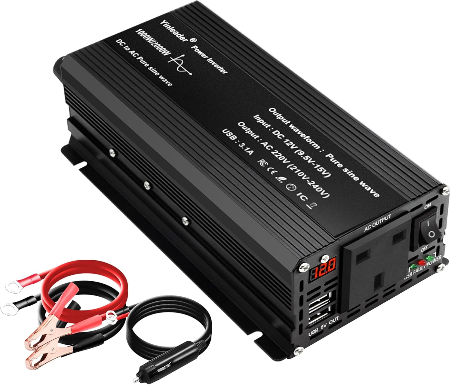 Pure Sine Wave 2000W Power Inverter DC 12V to 240V AC 1 UK Socket 2 USB Ports with LED Dispaly Cigarette Converter