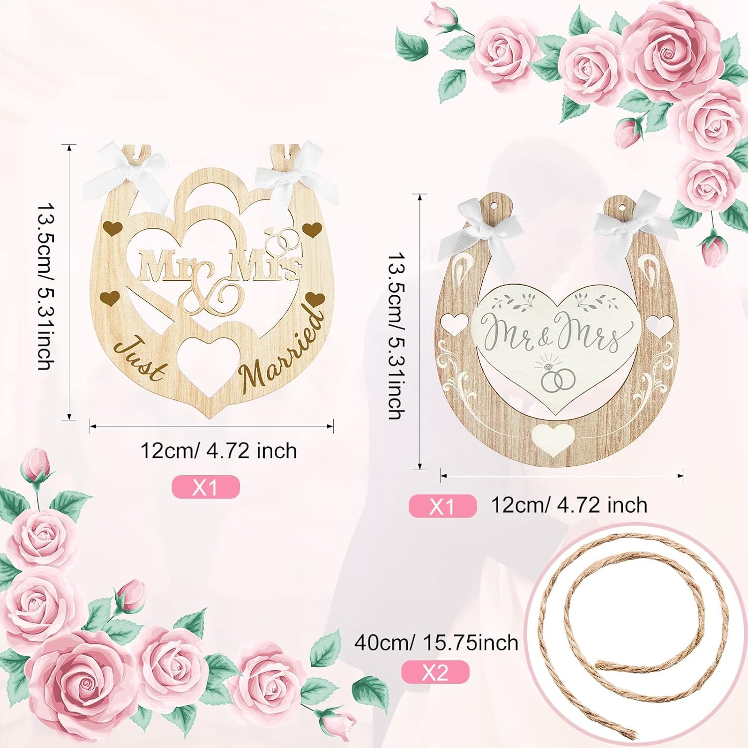 2 Pieces Wedding Horseshoe Craft Acrylic Heart Horseshoe Cutout Art Cutout Decor Wedding Anniversary Favors Hanging Sign for Anniversary Door Wall Decor, 5.3 X 4.7 Inch (Wood)