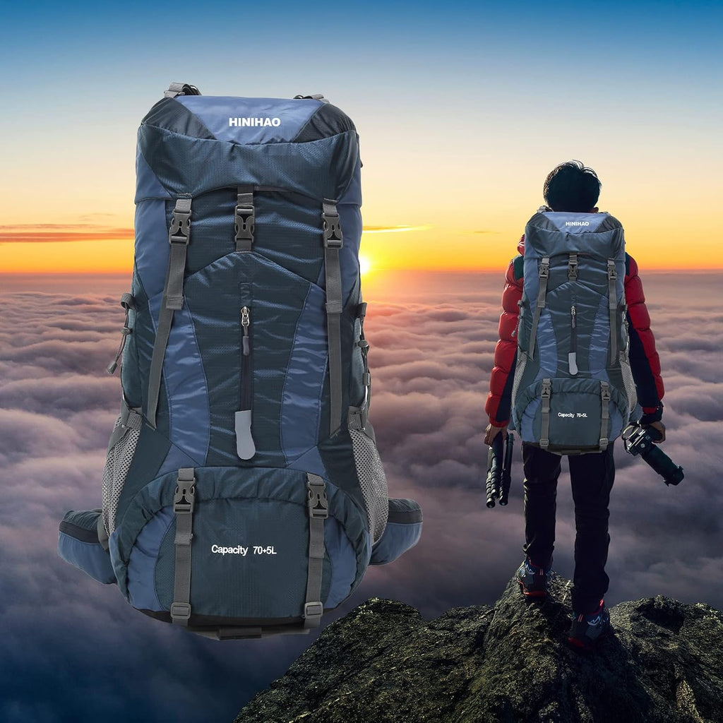 Hiking Backpack for Men and Women 70L+5L Waterproof Lightweight Camping Daypack with Rain Cover (75L Blue)