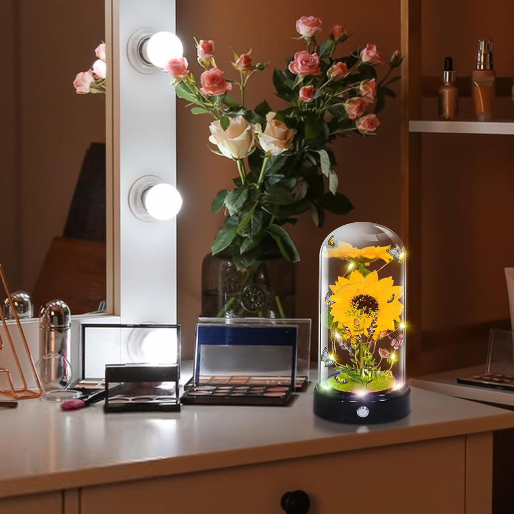 Mothers Day Flower Gifts for Mum, Artificial Sunflower in Glass Dome, Light up Flower Is Unusual Sunflower Gifts for Women/Mum/Wife/Her on Valentines Day Mothers Day Anniversary Birthday Christmas