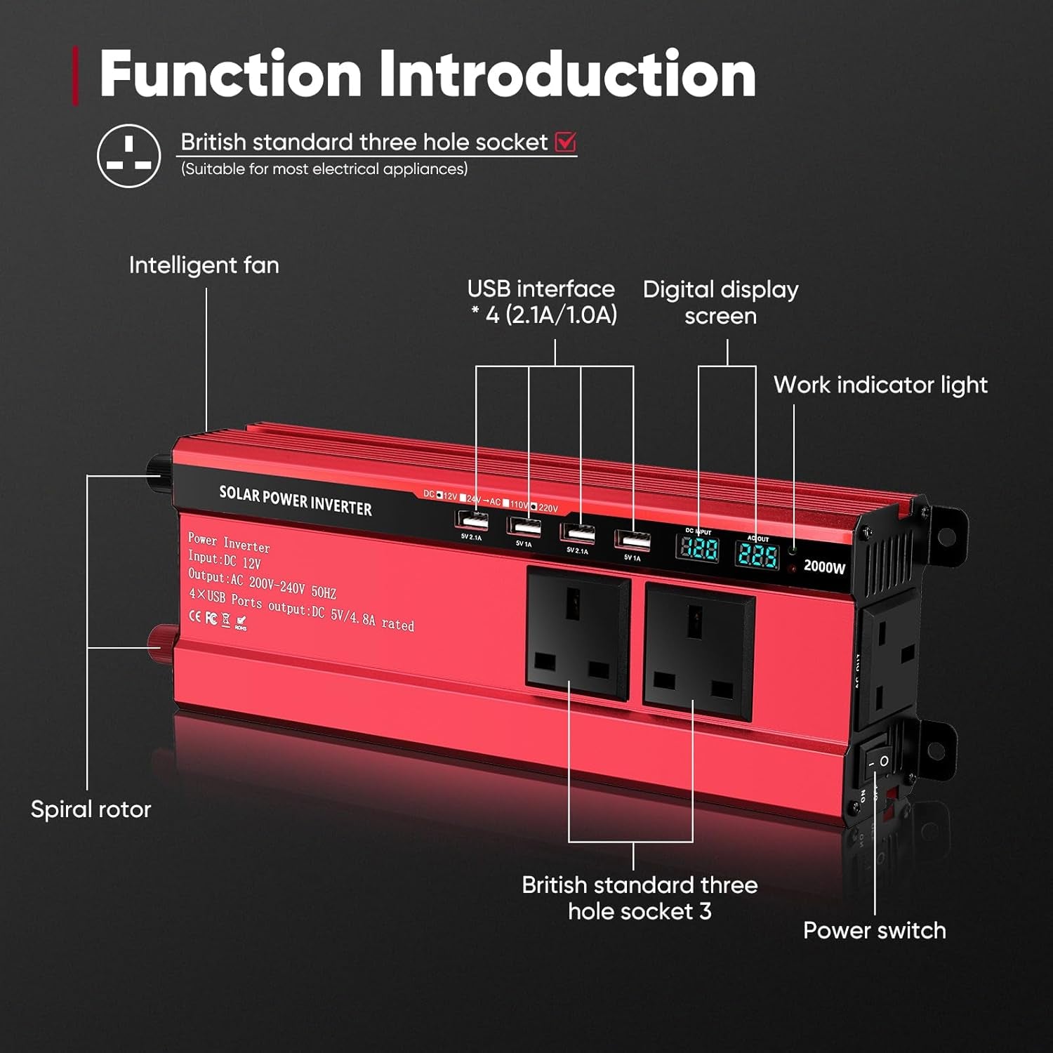 2000W Inverter 12V to 240V,Aluminum Car Power Inverter DC 12V to AC 240V with 3 UK Sockets 4 Usb,Pure Sine Wave Inverter with LED Display & 8-Tier Safety Protection for Travel, Camping