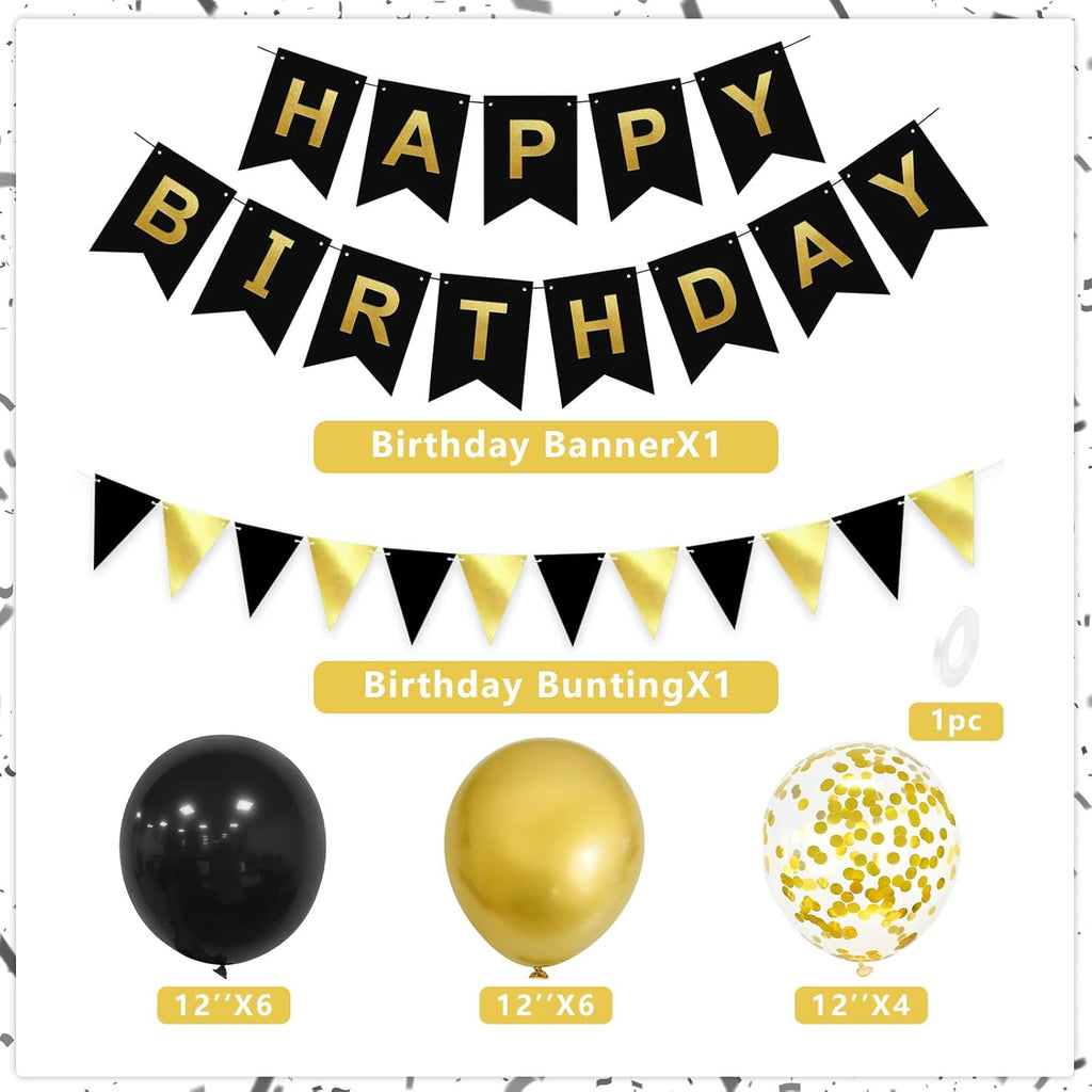 Black Gold Birthday Decoration, 12Inch Black Gold Happy Birthday Balloons with Happy Birthday Banner and Bunting Confetti Balloons, Black Party Decorations for Men Boys