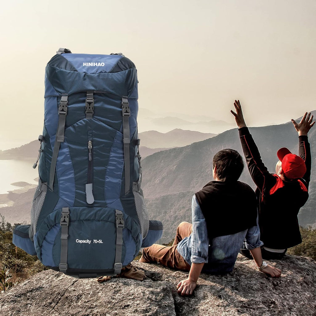 Hiking Backpack for Men and Women 70L+5L Waterproof Lightweight Camping Daypack with Rain Cover (75L Blue)