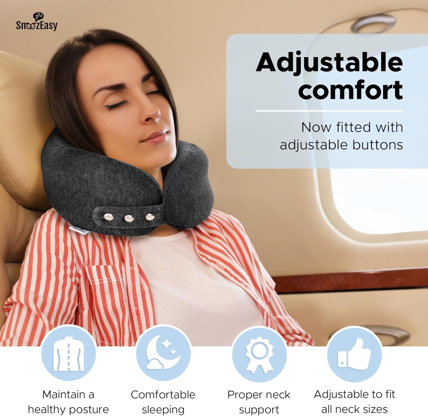 Travel Pillow for Adults | High-Density Memory Foam Neck Pillow for Airplane | Adjustable Flight Travel Cushion with Eye Mask, Ear Plugs, Carry Bag & Carabiner Clip | UK Brand