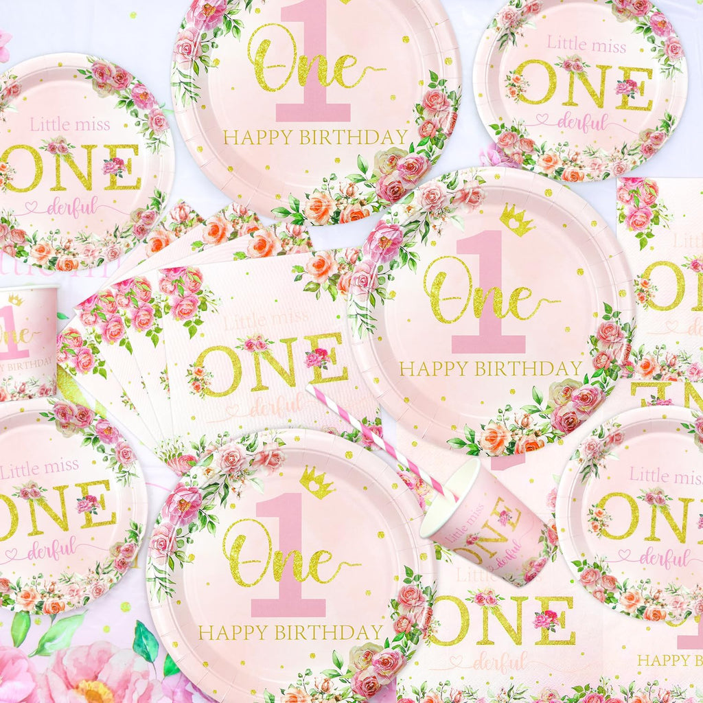 Floral 1St Birthday Party Decorations, Include Happy Birthday Banner, Paper Plates, Cups, Napkins, Little Miss Onederful Tablecloth for Girls First Birthday Party Decor Supplies, Serve 20 Guests