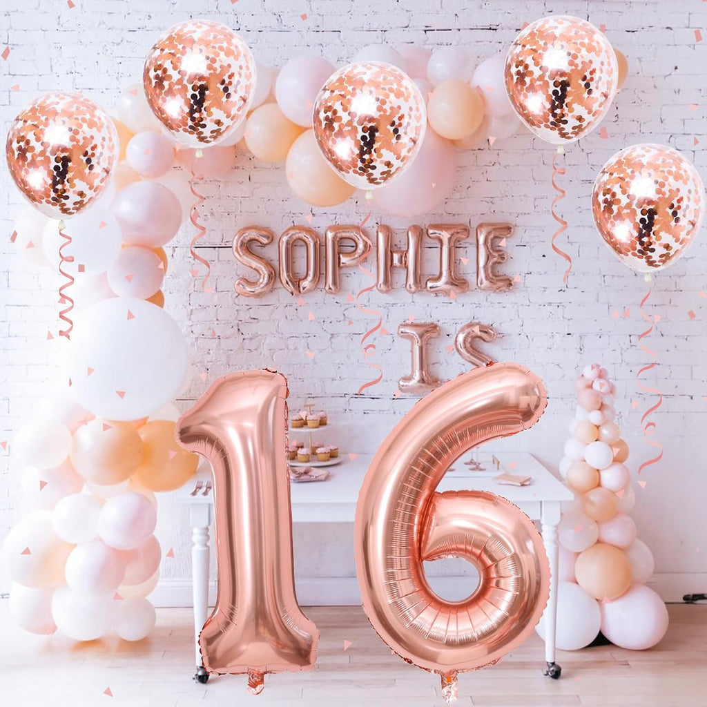 16Th Birthday Balloons for Girls, 40 Inch Foil Self Inflating Number 16 Balloons with Rose Gold Confetti Balloons, Large Balloons for Women 61St Birthday Party Decor Anniversary Decorations Supplies