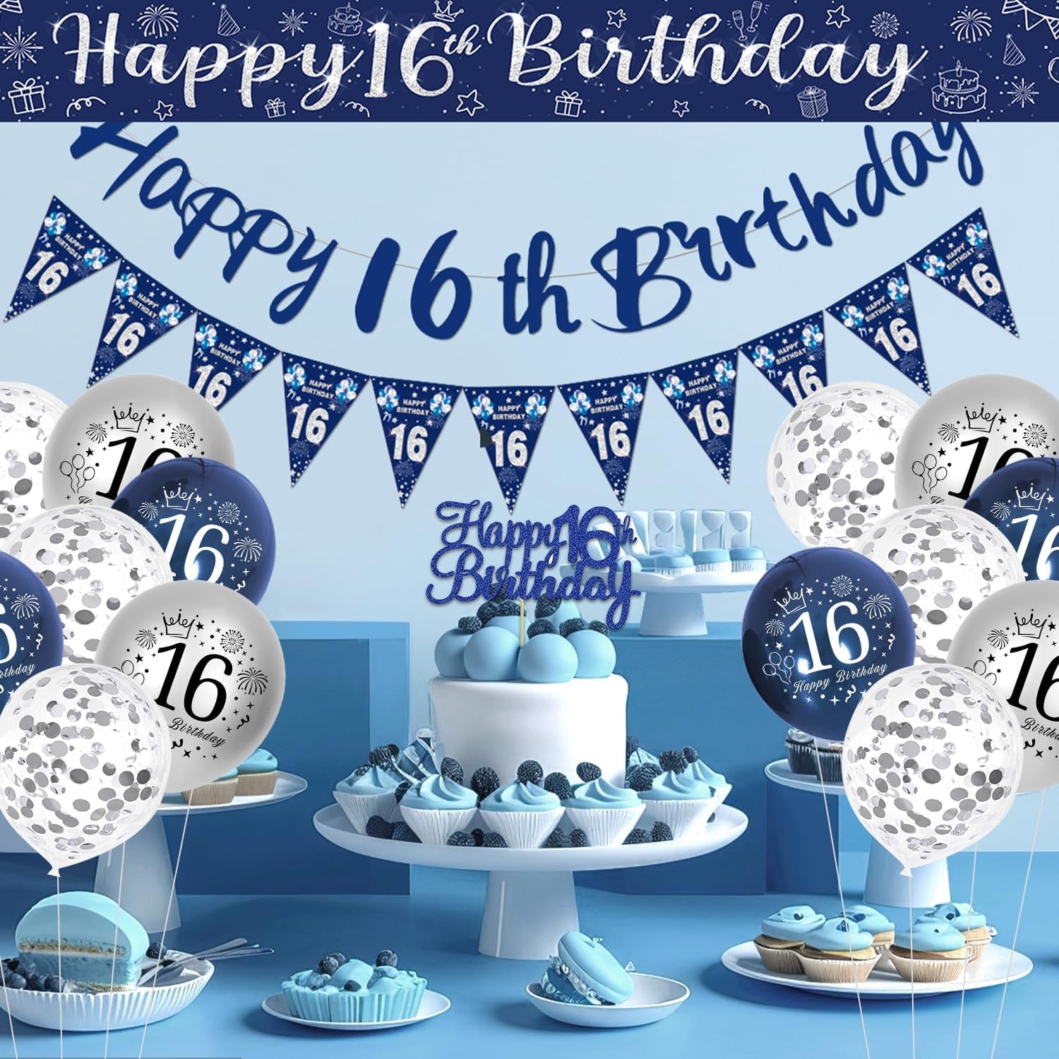 16Th Birthday Decorations Boys, Blue and Silver Happy 16Th Birthday Banner, Navy Blue and Sliver 16Th Birthday Balloons, Confetti Balloons 16Th Party Decorations for Boy, 16Th Birthday Party Supplies