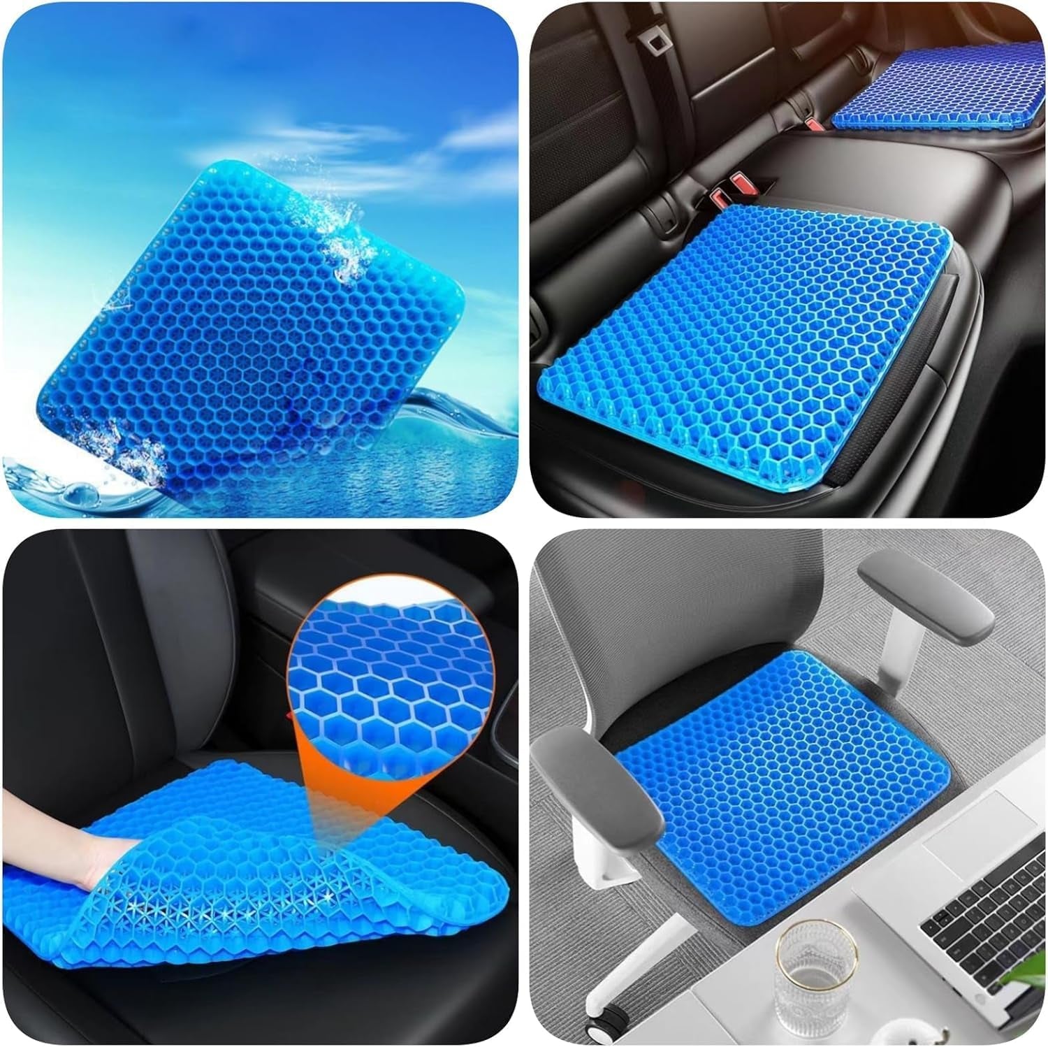 1.4"(4CM) Thick Gel Seat Cushion, Double Large Breathable Honeycomb Design Cool Gel Cushion with Washable Seat Cover for Office Chair Car Wheelchair,Pressure Relief Back Tailbone Pain