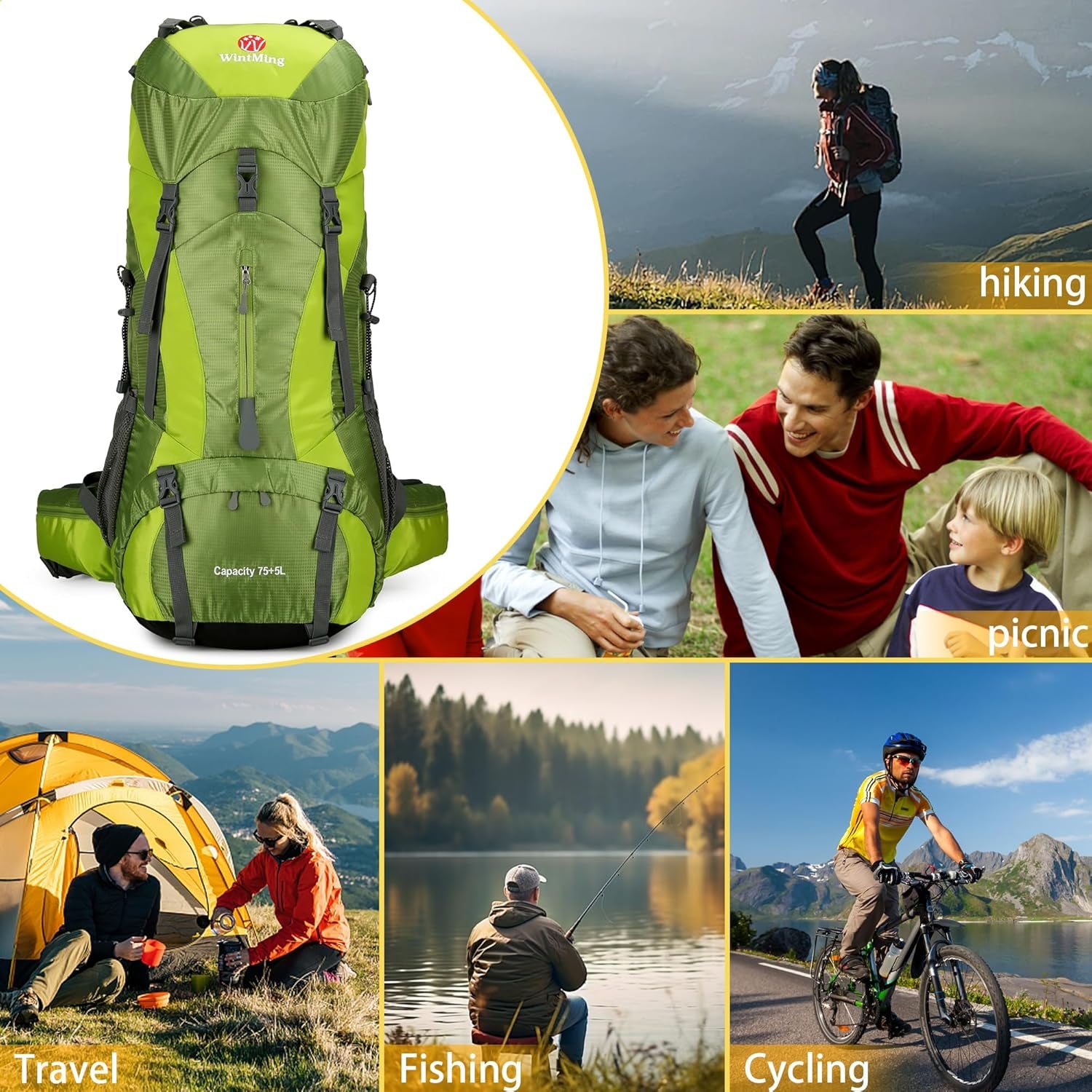 Hiking Backpack for Men and Women 70L+5L Waterproof Lightweight Camping Daypack with Rain Cover for Outdoor Travel Mountaineering - Frameless (Green)