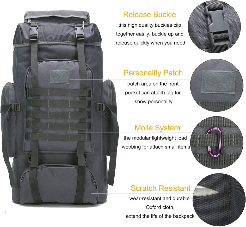 70L Hiking Backpack for Men Waterproof Military Camping Rucksack Travel Daypack