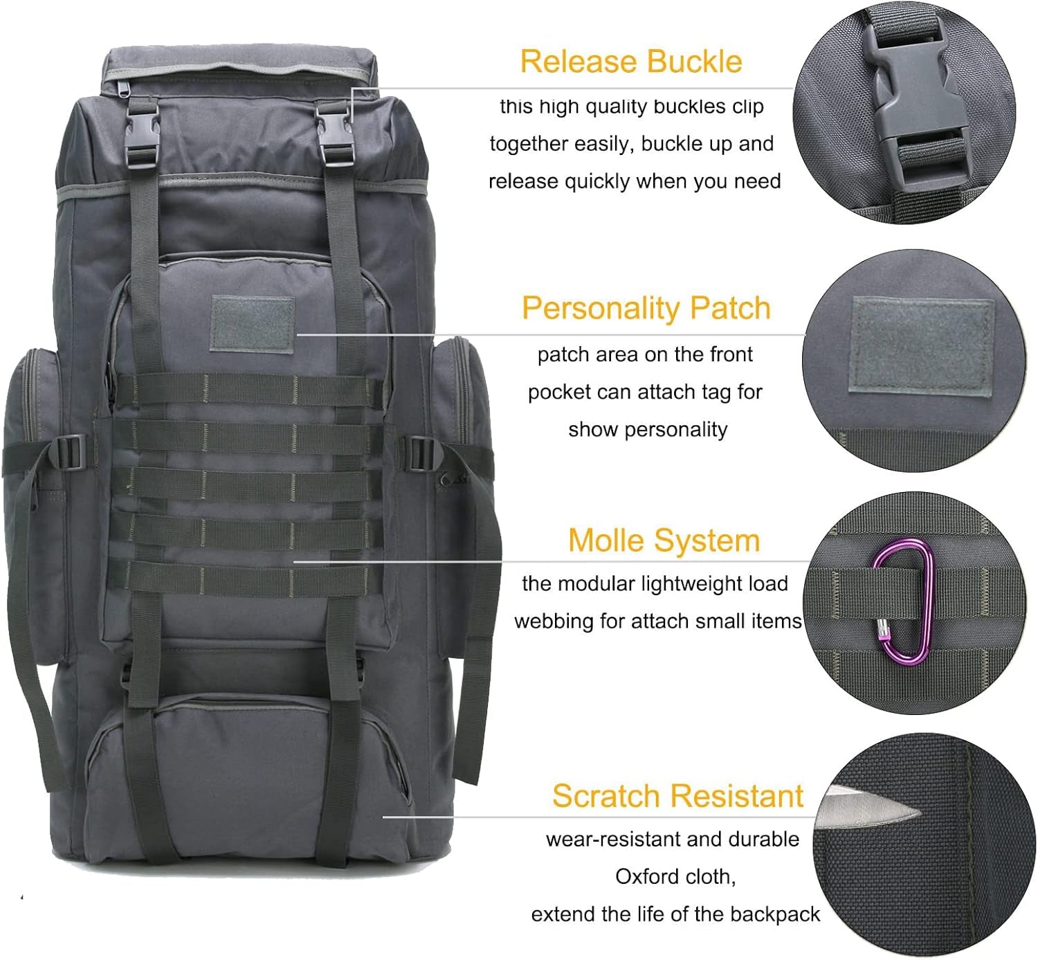70L Hiking Backpack for Men Waterproof Military Camping Rucksack Travel Daypack