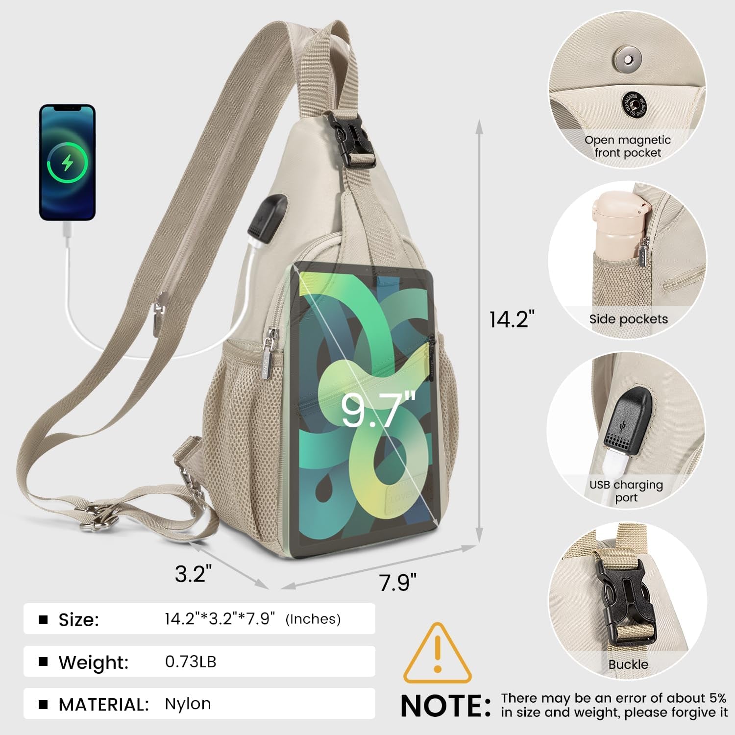 Sling Bag for Women Casual Daypack Nylon Crossbody Sling Backpack Travel Shoulder Bag Hiking Daypack