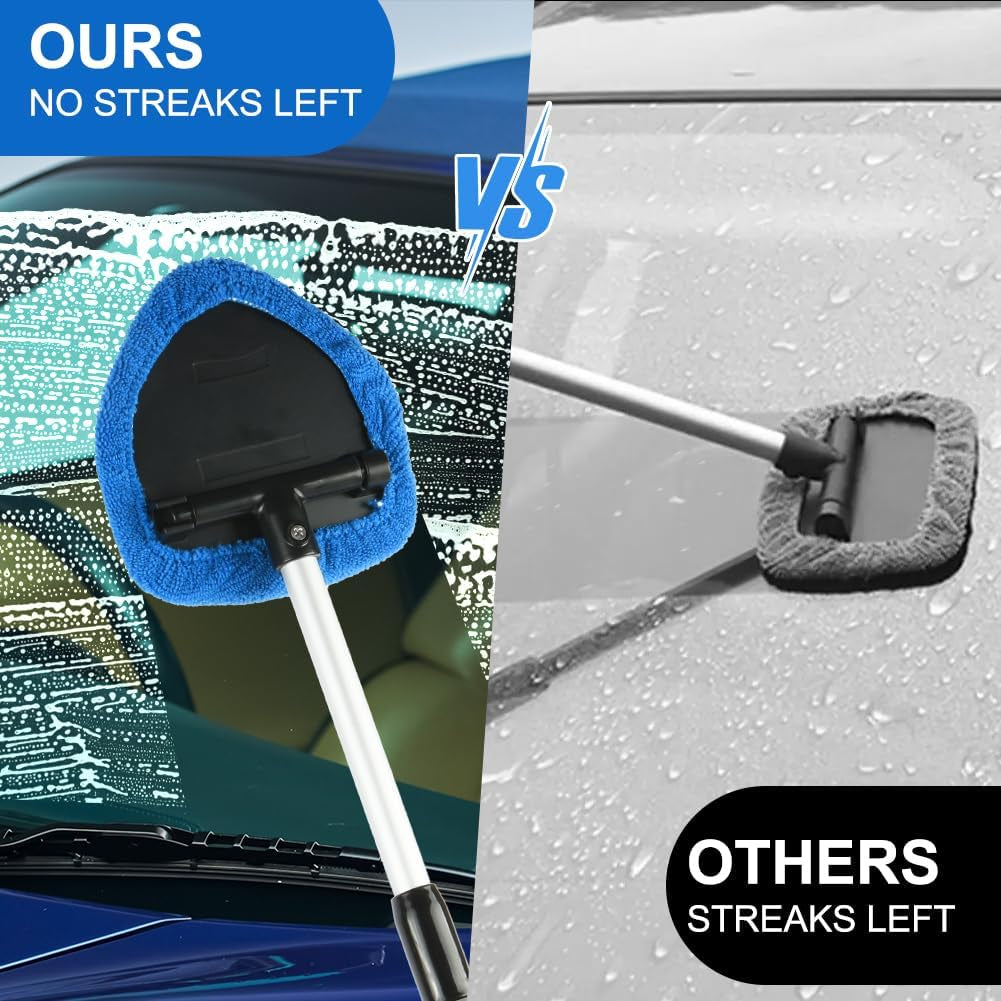 Car Window Cleaner Kit, Multifunctional Expandable Windscreen Cleaner, Car Windscreen Cleaner with 5 Reusable Microfiber Pads, 1 Spray Bottles,180° Swivel Head, Ideal for All Vehicles(Triangle)