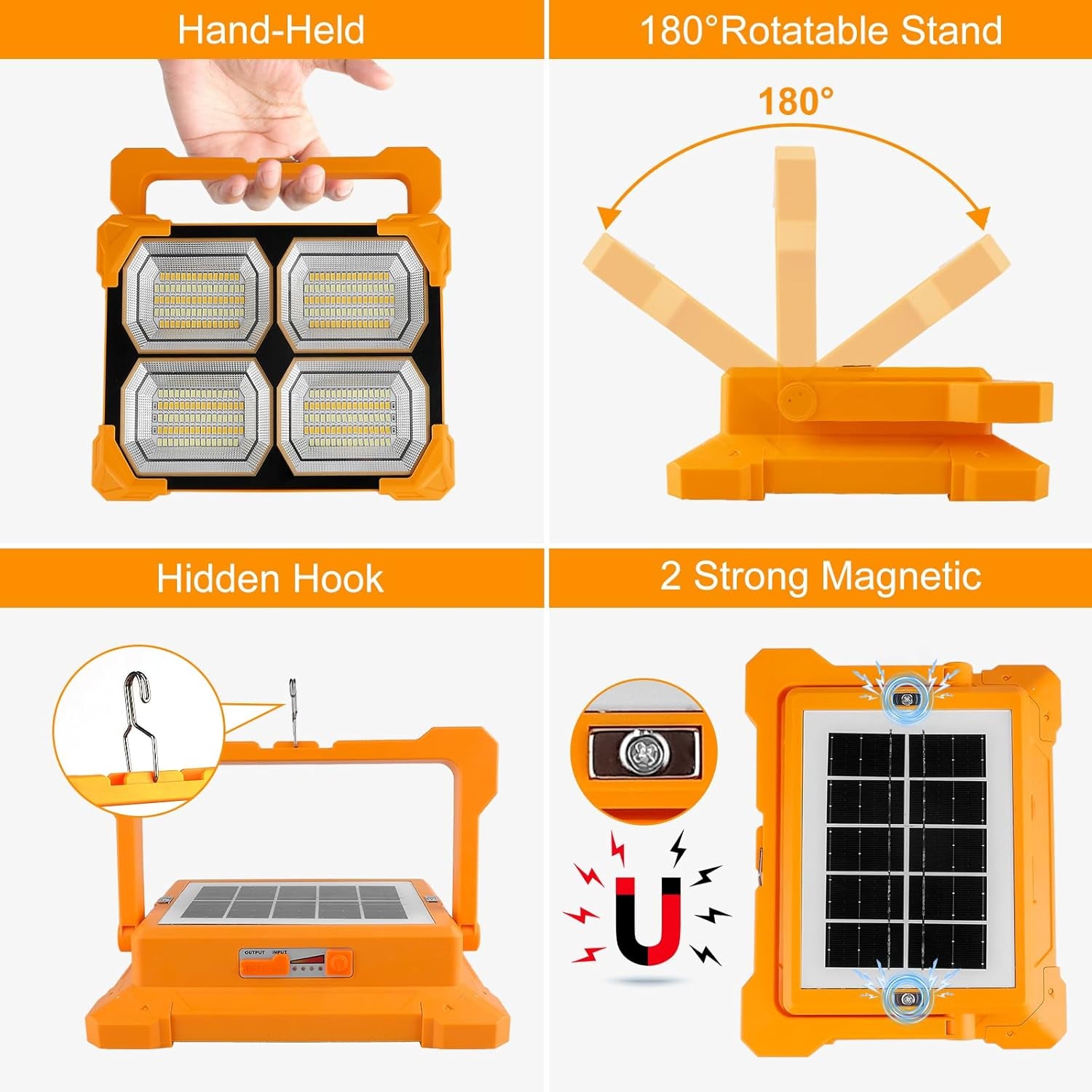 100W Portable Rechargeable Work Lights, 348 Leds Solar Flood Lights Outdoor with USB IP66 Waterproof 12000MAH 5000LM 4 Light Modes and Magnetic Suction for Yard, Garage, Fishing, Hiking