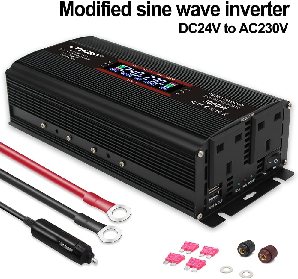24V 1500W Modified Sine Wave Power Inverter, 24V to AC 230V 240V Voltage Converter with LCD +2UK Socket & Dual USB