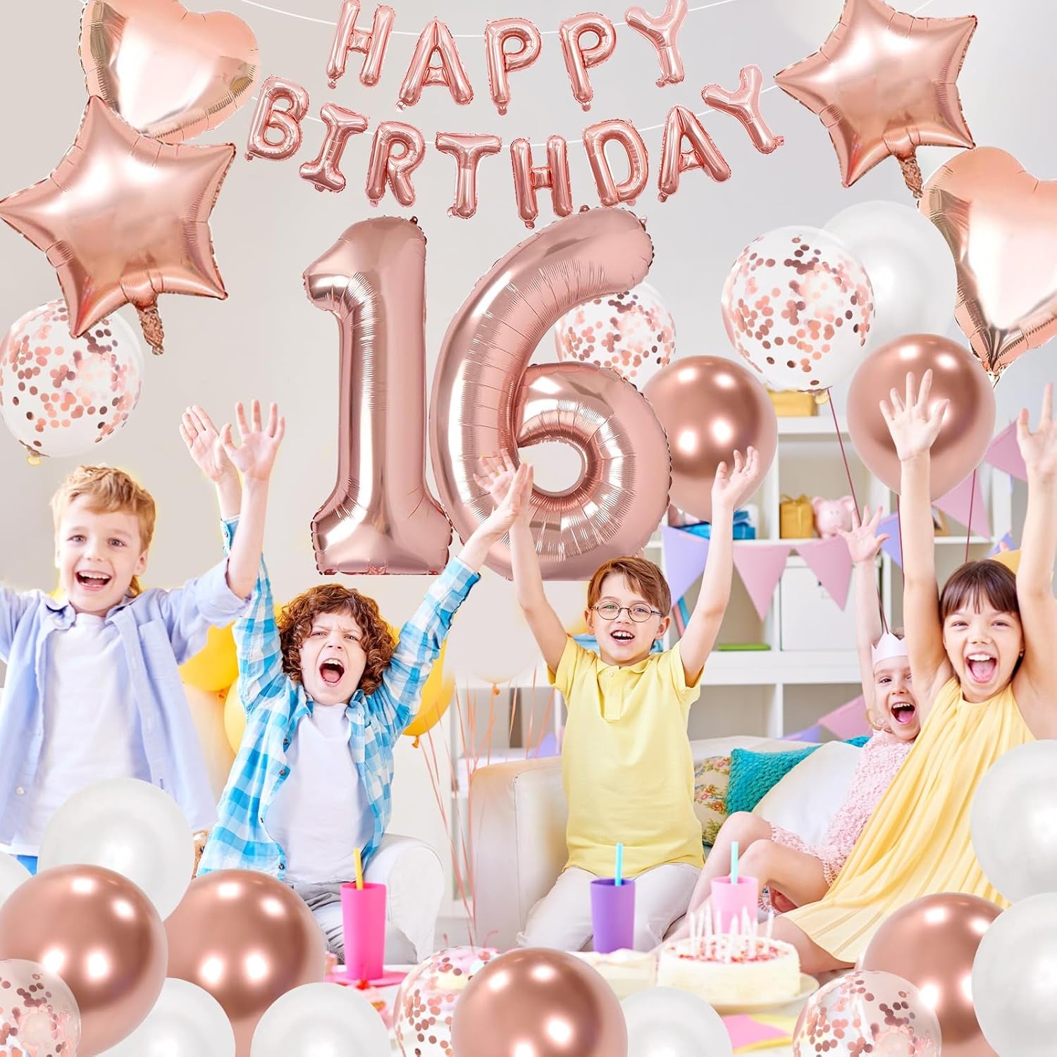 16Th Birthday Decorations for Girls, Rose Gold 16Th Birthday Decorations, Rose Gold 32 Inch Number 16 Foil Balloon with Banner, Star Confetti Balloon for 16 Party Deko