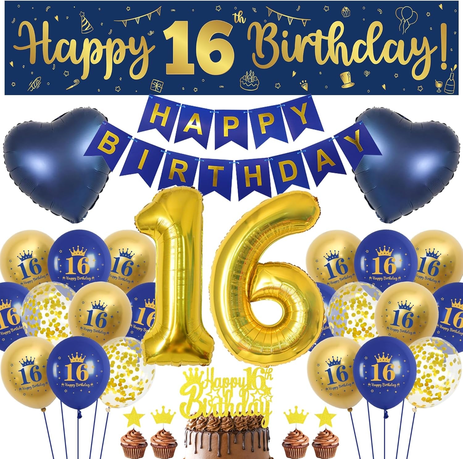 16Th Birthday Decorations Boys Navy - 47 Piece Navy Blue Gold 16Th Party Decor, Happy Birthday Banner, Number 16 Balloon, Cake Topper, Love Foil Balloons
