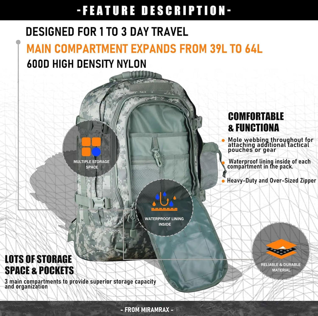 Tactical Backpack Military Hiking Daypack - Molle Backpack for Men 3 Day Assault Pack Bug Out Bag for Camping (AC Camo)