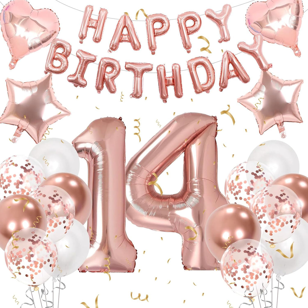14Th Birthday Decorations for Girls, Rose Gold 14Th Birthday Decorations, Rose Gold 32 Inch Number 14 Foil Balloon with Banner, Star Confetti Balloon for 14 Party Deko