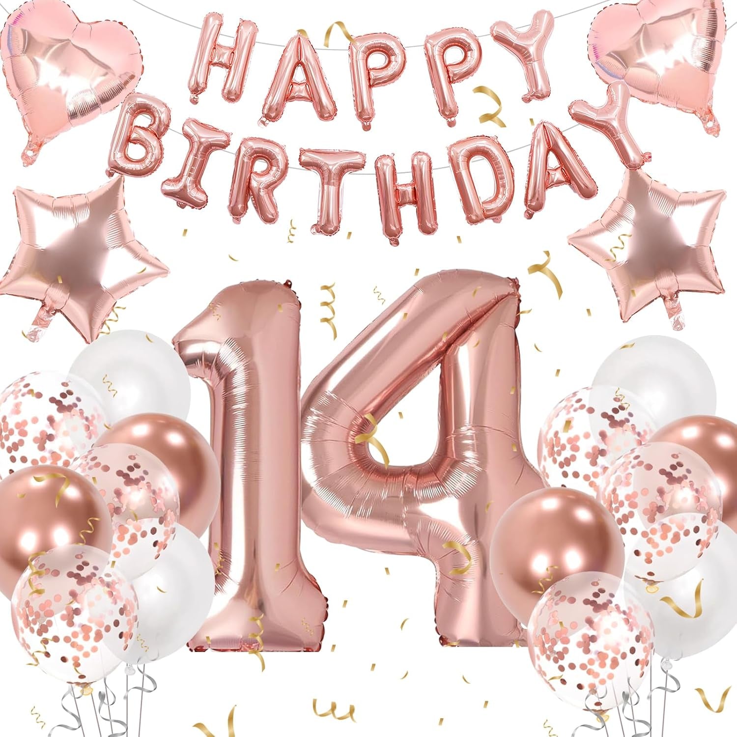 14Th Birthday Decorations for Girls, Rose Gold 14Th Birthday Decorations, Rose Gold 32 Inch Number 14 Foil Balloon with Banner, Star Confetti Balloon for 14 Party Deko