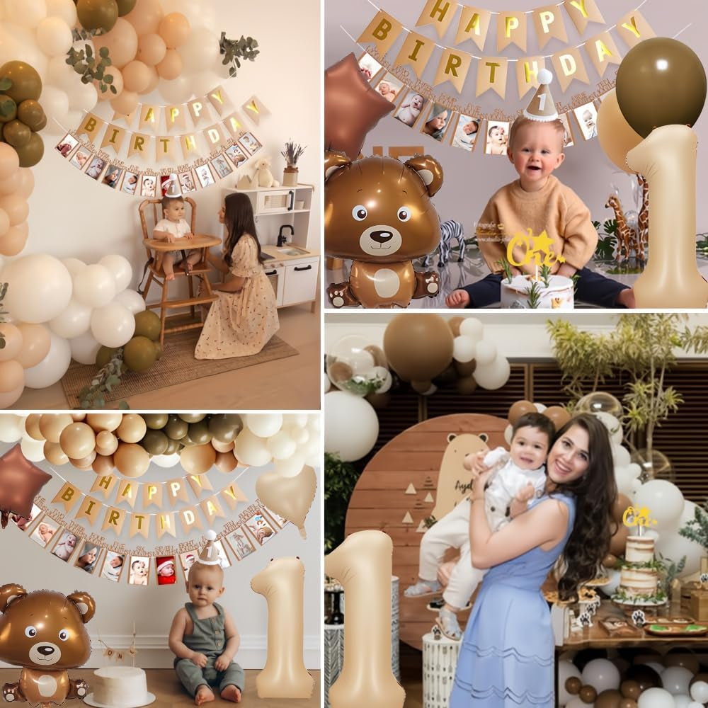 1St Birthday Decorations Boy, Boho First Birthday Decoration, Bear Theme Party Decoration with Giant Bear Foil Balloon, Burnt 1 Number Balloon, Beige Coffee Balloon for Baby Boys Girls First Birthday