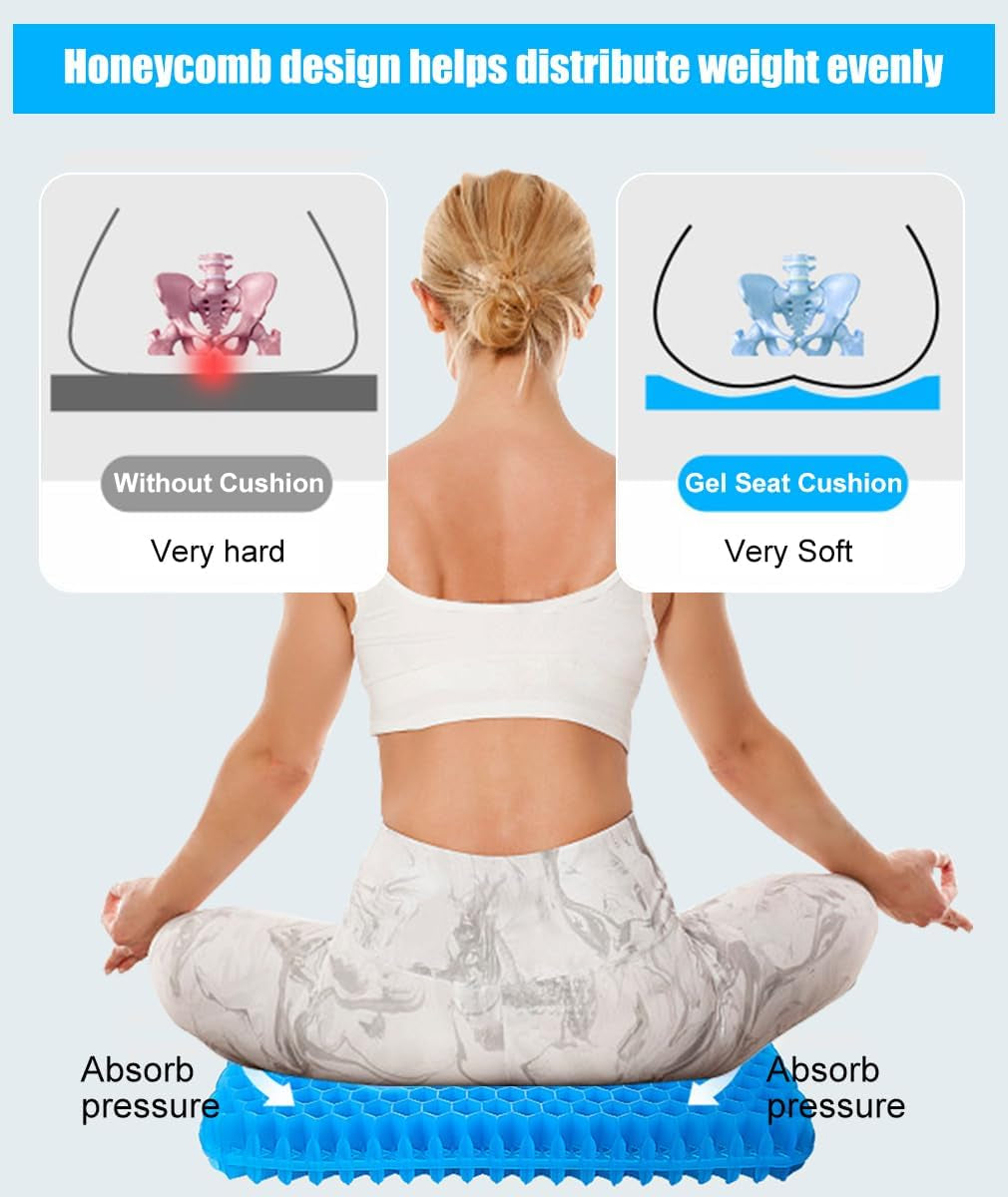 Airflow Gel Seat Cushion 42 X 36Cm Relieve Coccyx Pressure Pain, Honeycomb Construction Hard Chair Pad Comfortable Long Sitting for Car Office, plus Cloth Cover, anti Slip, Retain Shape over Time