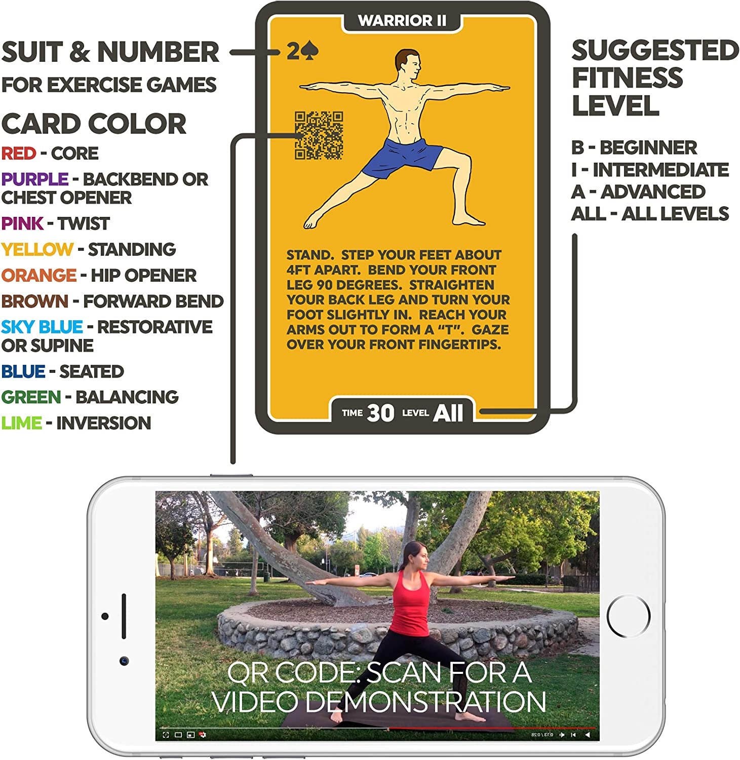Yoga Exercise Cards: Designed by Certified Yoga Instructor. Video Instructions Included. Beginner to Advanced Poses and Asana Workout Games. Improve Fitness and Flexibility (Base Deck)