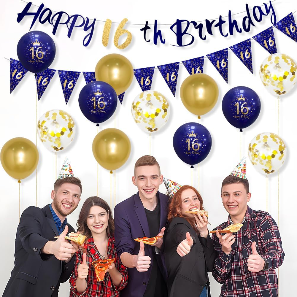Navy Blue & Gold 16Th Birthday Party Decorations - Boys Happy Birthday Banner & Bunting Kit by