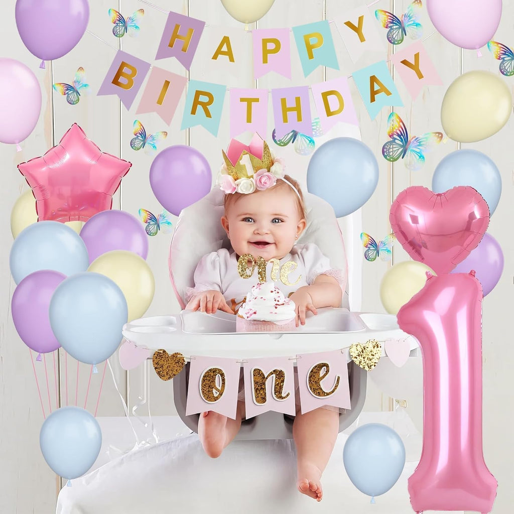 St Birthday Decoration for Girls, Pastel Macaron St Birthday Balloon, Pink Number  Balloon with Butterfly Stickers, Star Heart Foil Balloons Banner Set for Baby  Year Old Party Decor