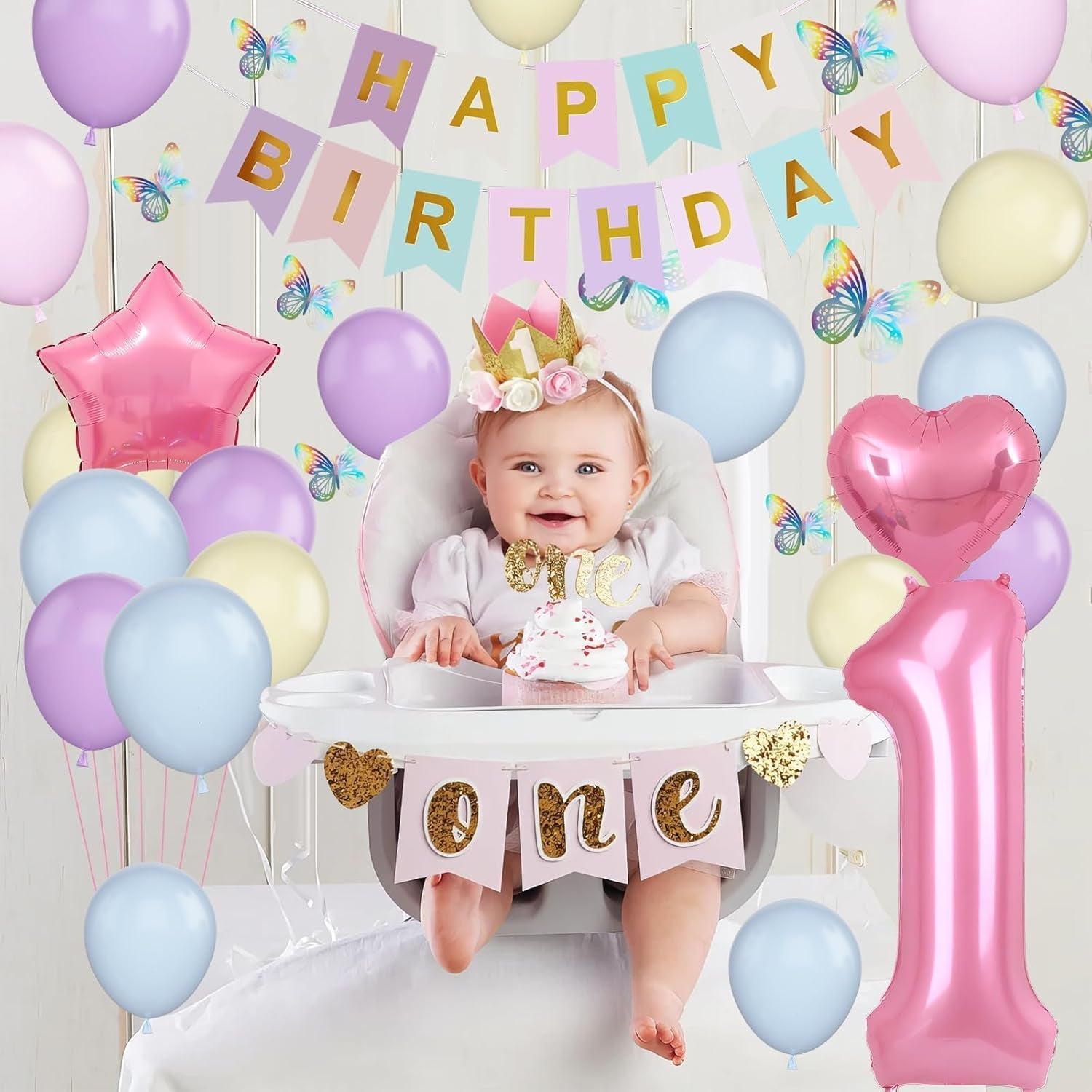 St Birthday Decoration for Girls, Pastel Macaron St Birthday Balloon, Pink Number  Balloon with Butterfly Stickers, Star Heart Foil Balloons Banner Set for Baby  Year Old Party Decor