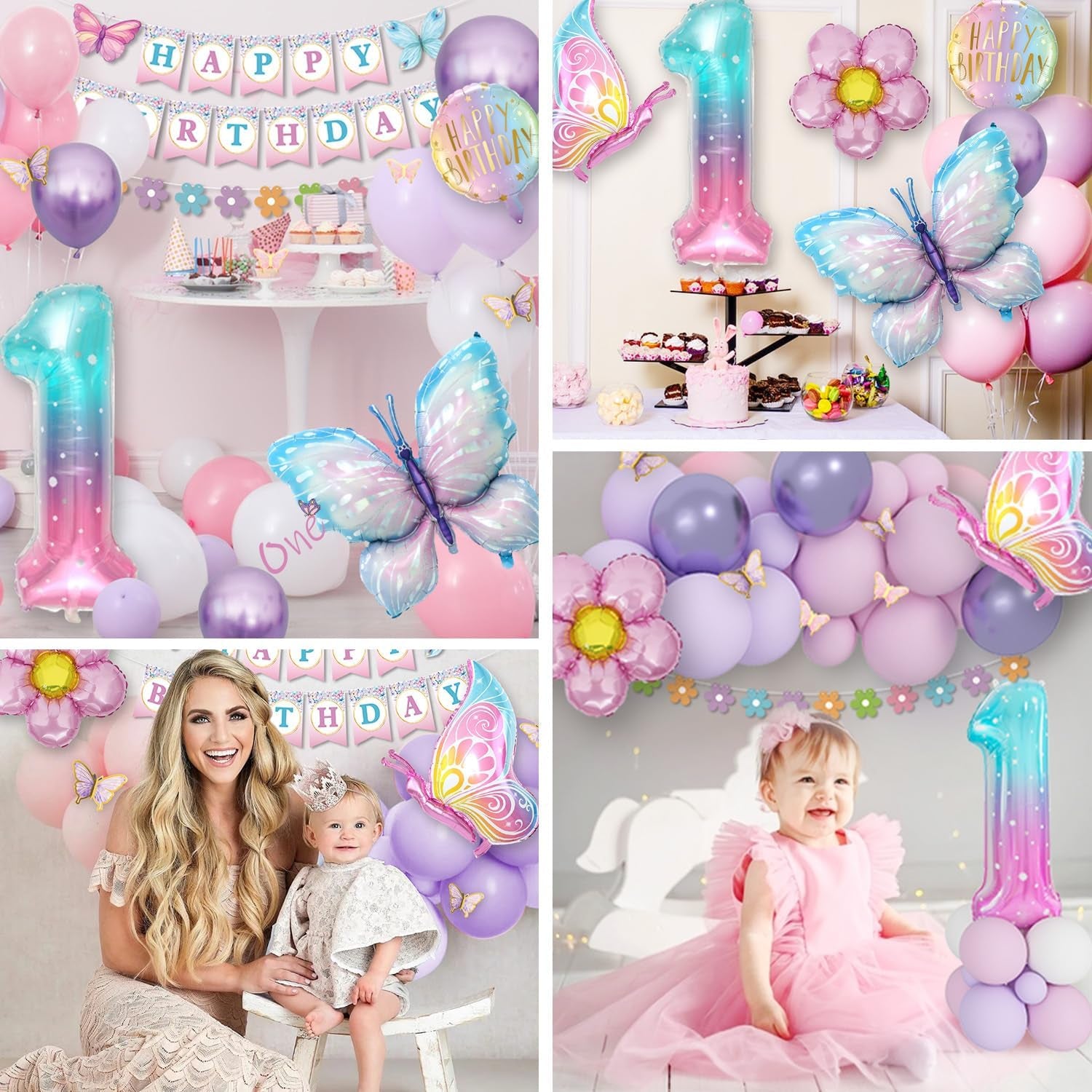 1St Birthday Decorations for Girls - Pink & Purple Butterfly Foil Balloons, Happy Birthday Banner, Number 1 & Butterfly Stickers