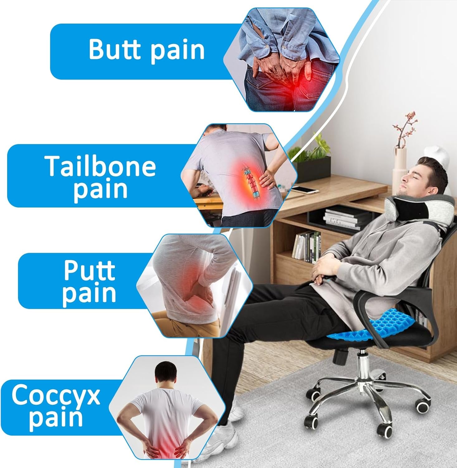 Gel Cushion for Sitting, Soft Sitter Cushion, Gel Cushion for Sitting Gel Seat Cushion for Long Sitting Breathable Cool Double Thick Seat Cushion Cushion for Office Chair Car Wheelchair