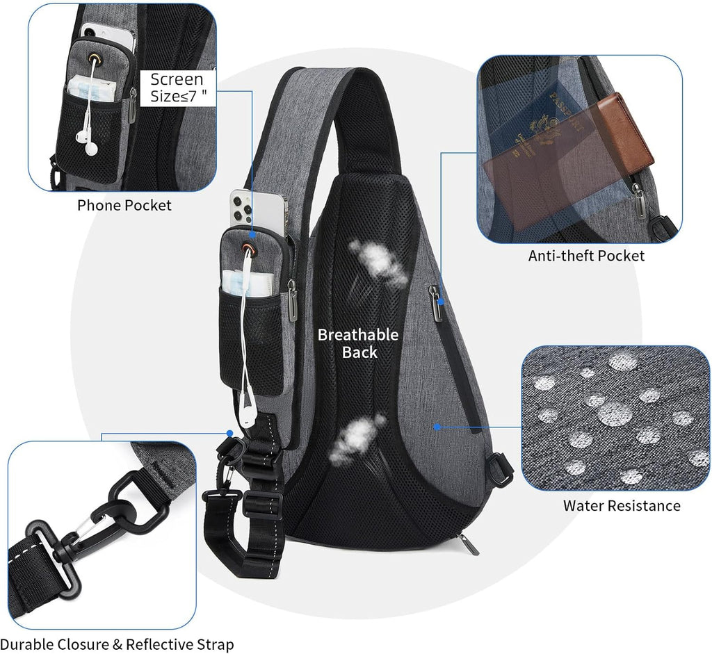 Sling Backpack, 8 Pockets Sling Bag Crossbody, 19L Large Sling Bag for Men Travel Crossbody Backpack Hiking Outdoor