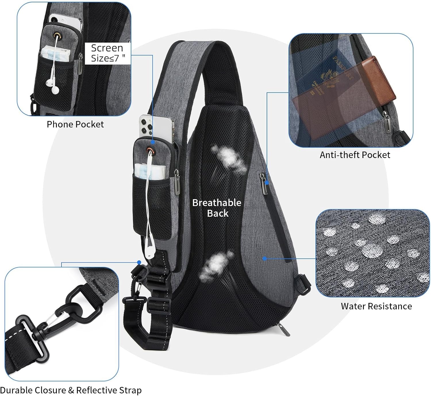 Sling Backpack, 8 Pockets Sling Bag Crossbody, 19L Large Sling Bag for Men Travel Crossbody Backpack Hiking Outdoor