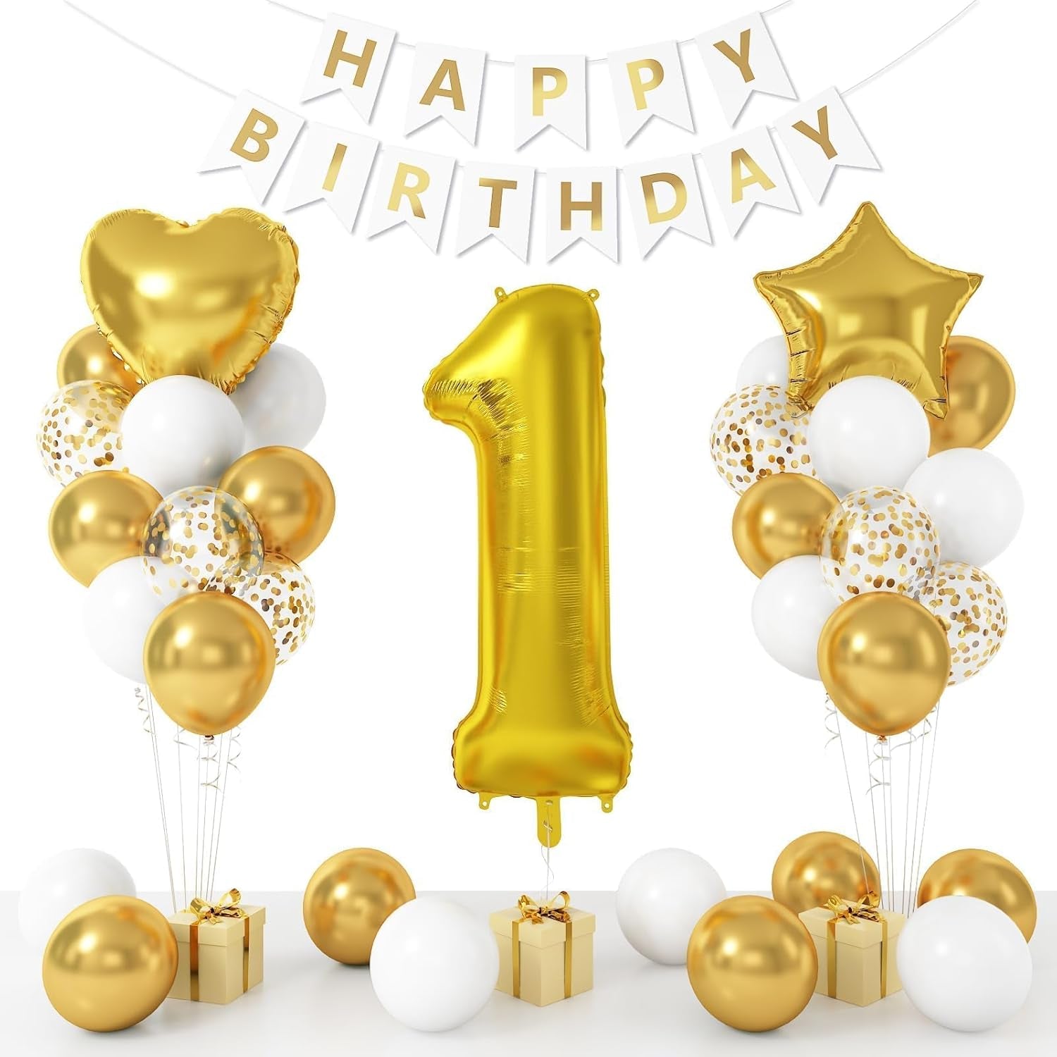 St Birthday Decoration for Boys, Gold White Confetti St Birthday Balloon with 40 Inch Number  Gold Balloon Star Heart Foil Balloons and Banner for Baby  Year Old Party Decor