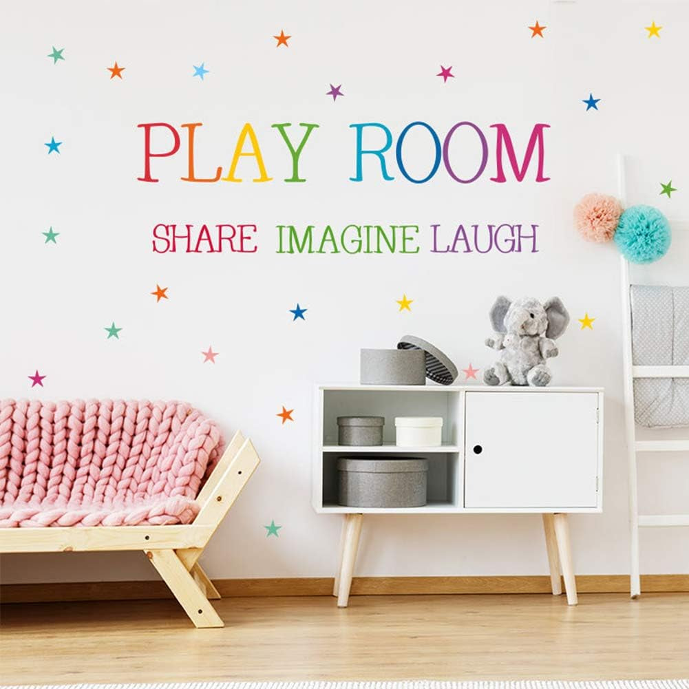 Playroom Share Imagine Laugh Wall Art - Colorful Inspirational Lettering Quote with Stars Wall Decal Sticker for Nursery Classroom Playroom Decoration (Play Room)
