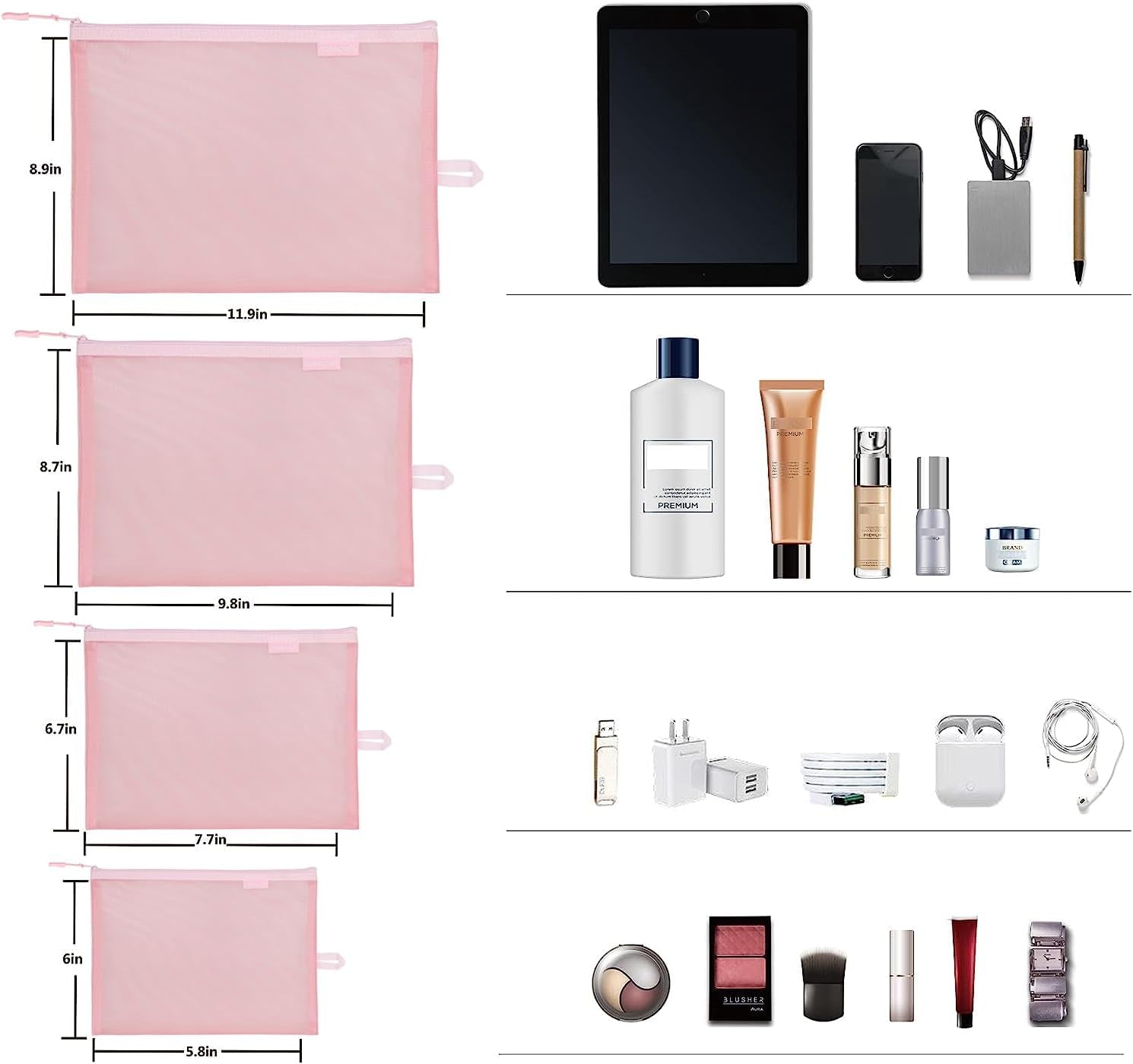 Set of 4 Mesh Makeup Bags Mesh Cosmetic Bag Travel Organizer Pouch with Zipper Diaper Toiletries Pouches for Women and Men(Pink)