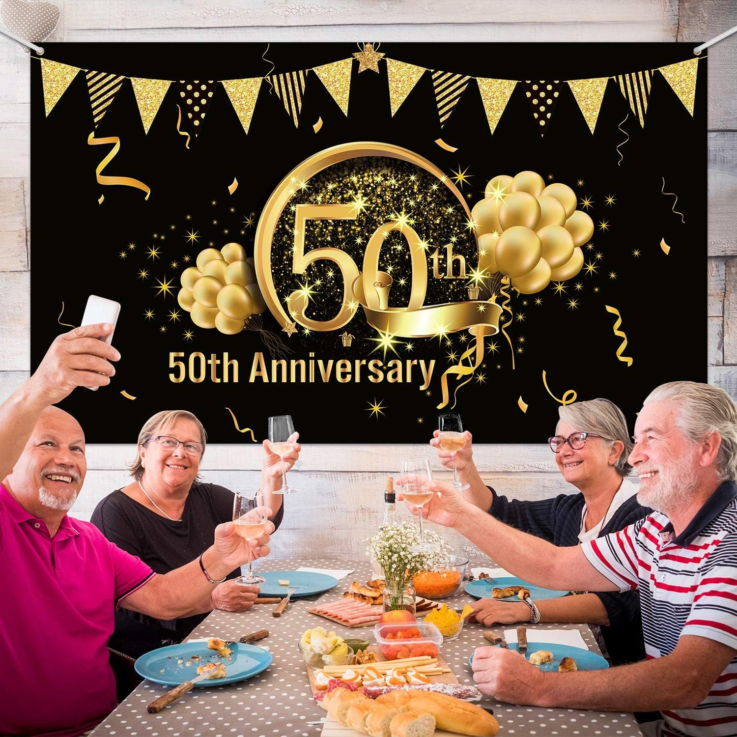 50Th Anniversary Birthday Decorations 1975 50Th Party Black Gold Background 72.8 X 43.3 Inch Wedding Anniversary Birthday Party Photo Background Cake Table Extra Large Wall Decor Props