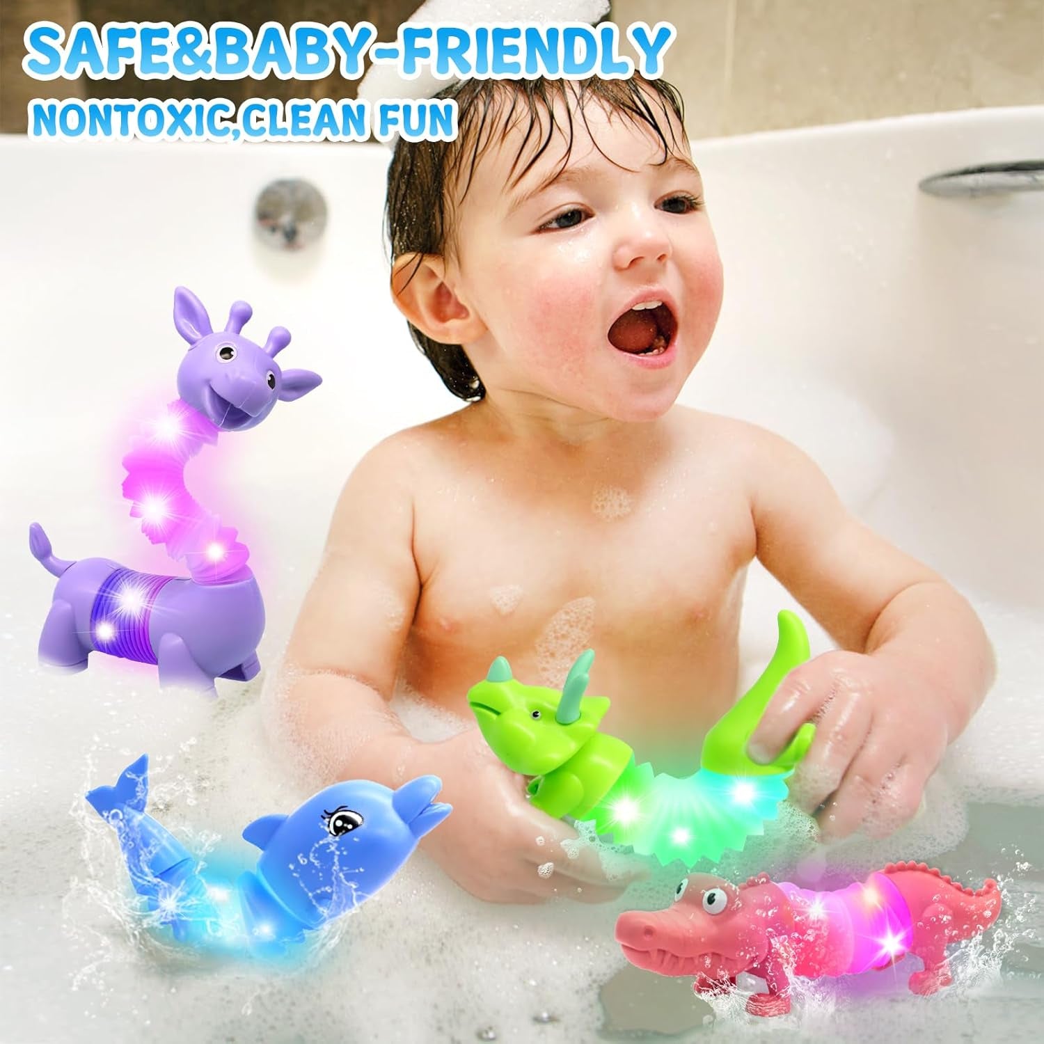 2025 Upgraded Baby Bath Toys,Educational Light up Bath Toys for Kids 1-3, 4 Pcs Light up Floating ,Stress Relief, Toddler Newborn Birthday Easter Baby Gifts