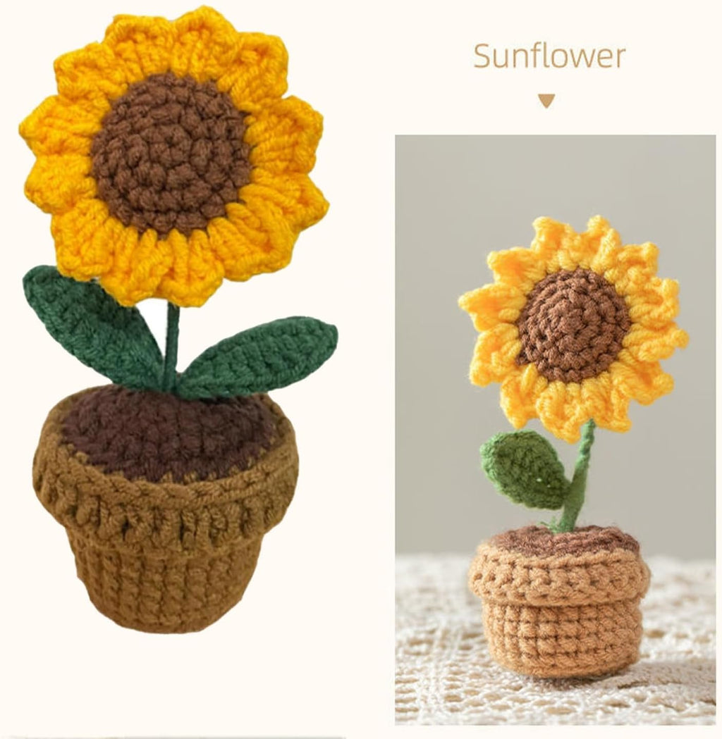 Crochet Flowers, Sunflower Crochet Potted Flowers, Finished Handmade Crochet, Small Artificial Flower Pot Hand Knitted Crochet Gifts, for Home Office Desktop Ornament, Gift for Lover or Family